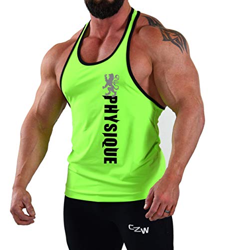 Men's Workout Tank top Bodybuilding Gym Fitness Muscle Shirt in Neon Green/Black Trim with Physique Design