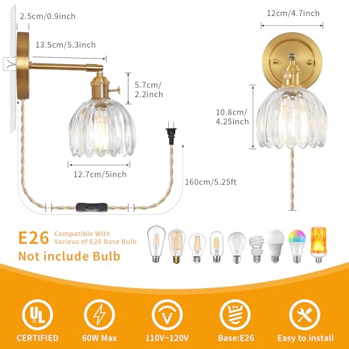 Image of Transparent Tulip Glass Lampshade Wall Light Plugin Corded for Bedside Bedroom Doorway