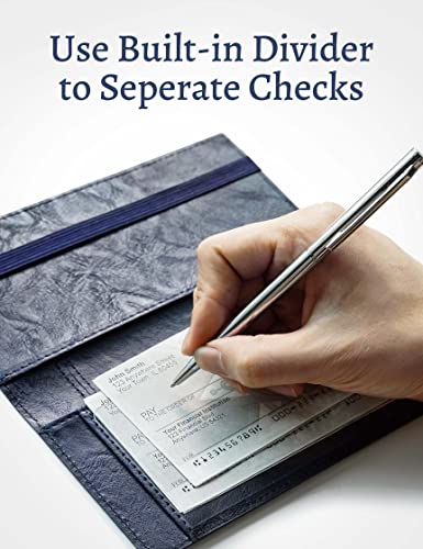 Image of Yarnic Checkbook Cover for Personal Checkbook, Checkbook Holder with Pen Holder & Built-in Clear Plastic Divider for Duplicate Checks (Blue)