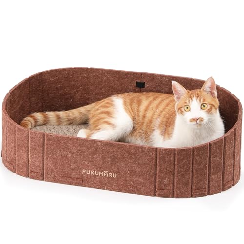 FUKUMARU Kratzbrett für Katzen, 61 cm Kratzpappe in Sofa-Form, Umkehrbares Katzenbett, Runde Kratzpads aus hochwertiger Filz und Karton, braun