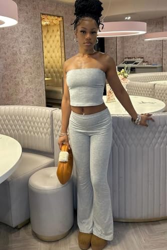 Image of Sexy Women's 2 Piece Lounge Sets Pajama Outfits Casual yoga Crop tube Top High Waist Wide Leg Foldover Flare Pants