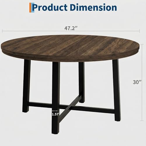 Image of IDEALHOUSE 47 inch Round Dining Table for 4, Kitchen Dining Room Table with Sturdy Metal Frame, Wood Circle Kitchen Table for Space Saving -Brown (No Chairs)