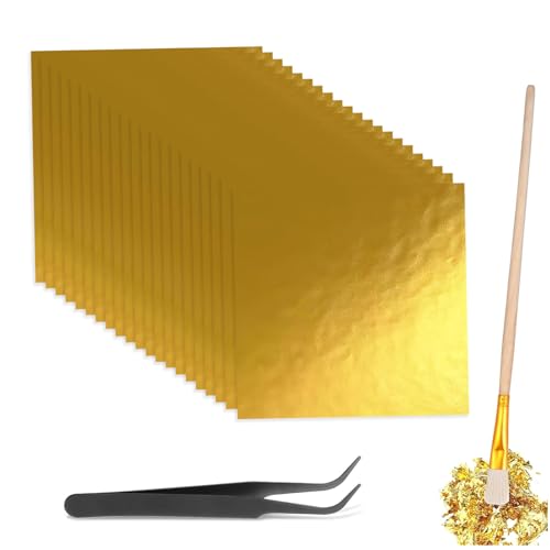 HX-pyahgtv 200 Blatt Blattgold 14x14cm mit Pinzetten & Bürsten Goldfolie Flocken für Torten-Deko Mousse-Kuchen Acrylmalerei Nageldesign & DIY Handwerk Bastelfolie für Kunstprojekte