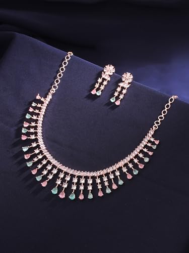 Image of Yellow Chimes Jewellery Set for Women and Girls American Diamond Jewellery Set | Rosegold Rhodium Plated AD Necklace Set for Women | Birthday Gift for Girls & Women