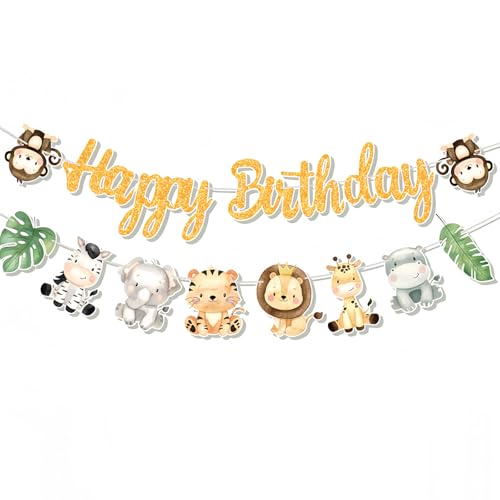 Torytoe Guirnalda de Feliz Cumpleaños, 2 piezas Guirnalda de Cumpleaños Mariposa Banderola Feliz Cumpleaños Decoración de fiesta de cumpleaños para niños, niñas, mujeres (s Animales de la selva)