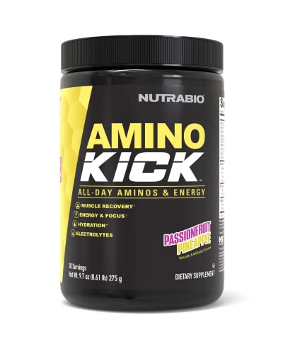 Image of NutraBio Amino Kick - BCAA Powder with Natural Caffeine - Amino Acids Supplement for Energy, Hydration & Recovery - BCAAs, Electrolytes & Amino Acids - Pineapple Passionfruit, 30 Servings