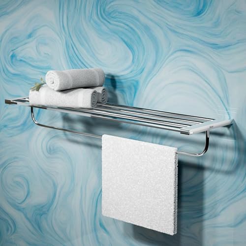 Image of Ruhe 24 Inch Aurum Bathroom Towel Rack /Towel Holder /Towel Stand | Wall Mounted Shelf with Hanging Rod, Durable Metal with Chrome Finish