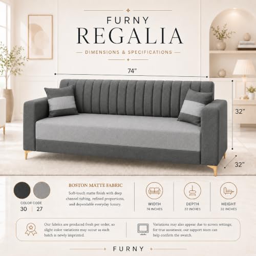 Image of FURNY Signature Regalia 3 Seater Sofa Set | Boston Fabric | 40D Foam + Zigzag Spring | 3-Yr Warranty (Ash Grey, Light Grey) | Modern Living Luxury Sofa Set for Home, Office & Hotel Spaces