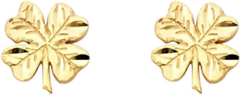 Solid 14K Yellow Gold Clover Stud Earrings, 9mm x 9mm Small Lucky Shamrock Design
