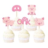 Ercadio 25 Pack Pig Cupcake Toppers Pink Glitter Pig Oink Cupcake Picks Pig Cake Toppers Pink Piggy Cupcake Toppers for Farm Animals Theme Party Baby Shower Birthday Cake Decor Supplies