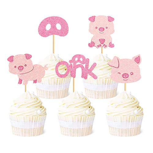 Ercadio 25 Pack Pig Cupcake Toppers Pink Glitter Pig Oink Cupcake Picks Pig Cake Toppers Pink Piggy Cupcake Toppers for Farm Animals Theme Party Baby Shower Birthday Cake Decor Supplies