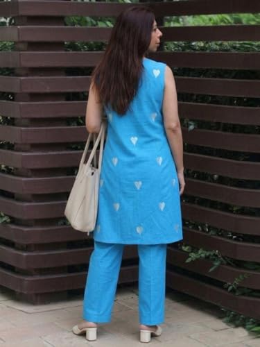 Image of ANNI Designer Kurta Set for Women Cotton Blend Embroidered | Kurti Set for Woman | Farshi Salwar Suit Kurta Palazzo Outfit | Round Neck V Slit Sleeveless Regular Fit Ethnic Dress Stylish Clothing