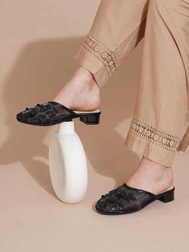 Image of TRYME Embellished Block Heel Mules for Women | Elegant Slip On Dress Sandals | Comfortable Fashion Heels for Casual, Wedding & Evening Occasions