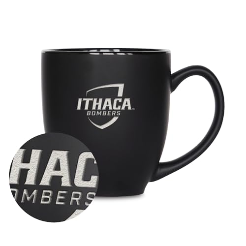 Rico Industries NCAA Ithaca Bombers 15oz Laser Engraved Matte Black Ceramic Bistro Mug - for Hot or Cold Drinks