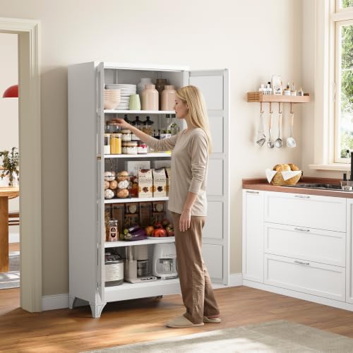Image of Yizosh Metal Storage Cabinet with 2 Doors and 4 Adjustable Shelves,- 72 inch White Kitchen Pantry Storage Cabinet for Kitchen,Living Room,Dining Room