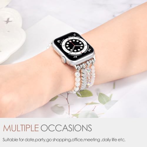 Image of MOFREE Beaded Bracelet Compatible for Apple Watch Band 38mm 40mm 41mm 42mm 44mm 45mm Women,Fashion Handmade Elastic Stretch Strap for iWatch Series SE 8 7 6 5 4 3 2 1