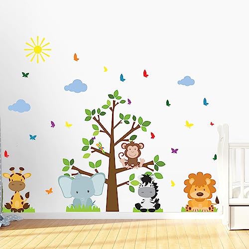 Adesivo De Parede Infantil Árvore Safari Com Nuvens Em Azul