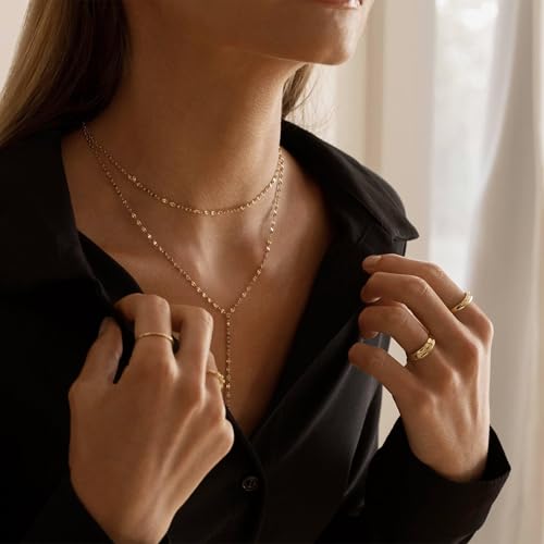 SLOONG Layering Ketten Set 14K Goldkette Wasserfest Choker Lange Kette Damen Gold Stapelbare Halskette Y Kette Gold Halskette Schmuck für Frauen Damen