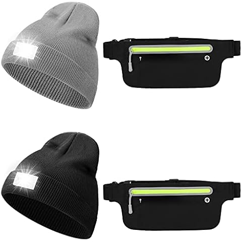 4 Pcs Running Waist Pack and Led Beanie Hat with Light, Running Fanny Pack for Women Unisex Light up Hat Led Knitted Beanie with Flashlight Slim Fanny Pack for Men Phone Holder Running for Workout Cover