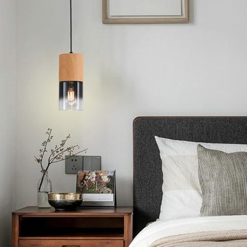 Image of 3-Pack Modern Pendant Lights for Kitchen Island, Adjustable Black Pendant Light Fixtures with Raw Wood Grain, Industrial Glass Pendant Lights for Dining Table Hallway Bedroom Living Room