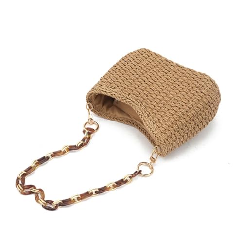 Women Woven Straw Shoulder Bag Summer Beach Chic Handbag with Acrylic Chain3
