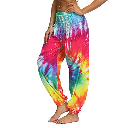 image for Nuofengkudu Women's Hippie Baggy Harem Trousers Smocked High Waist Sof