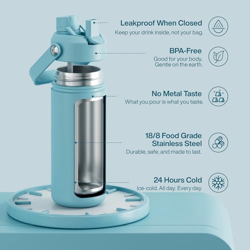 Image of ENCOOL Insulated Water Bottle with Straw Stainless Steel Water Bottle, Leak-Proof, BPA-Free, Double Wall Vacuum Keeps Cold for 24 Hours for Sports, Travel, School (18 oz, Pewter Blue)