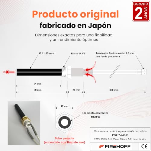 Miniatura 3 de Vela Cerámica Para Estufa De Pellets - Especial Jolly Mec Haas Sohn Bestove Deville - 300 W, 89 94 Mm, Ø11,5 Mm, Rosca 3 8 Con Terminales, Modelo Perforado - Psx 7-240-B - Garantía 1 Año.