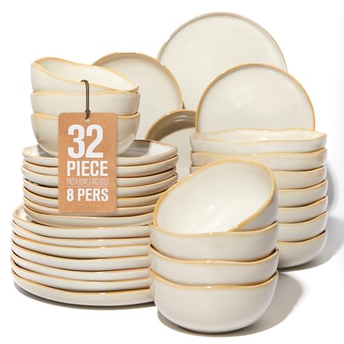Image of 32 Piece Dinnerware Set for 8 with Pasta Bowls, Yellow White Reactive Glaze Stoneware | All‑in‑One Host Set for Entertaining, Holiday Meals, Multi‑Course Dish Set | Unique Irregular Look