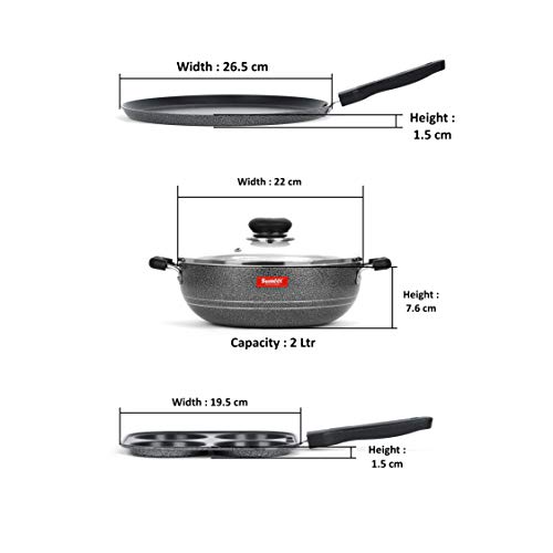 Image of Sumeet NonStick Kelabu Cookware Set (Dosa Tawa - 26.5Cm Dia + Kadhai with Glass Lid -2Ltr - 22Cm Dia + Mini Multi Snack Maker - 4 Cavity -19.5cm)