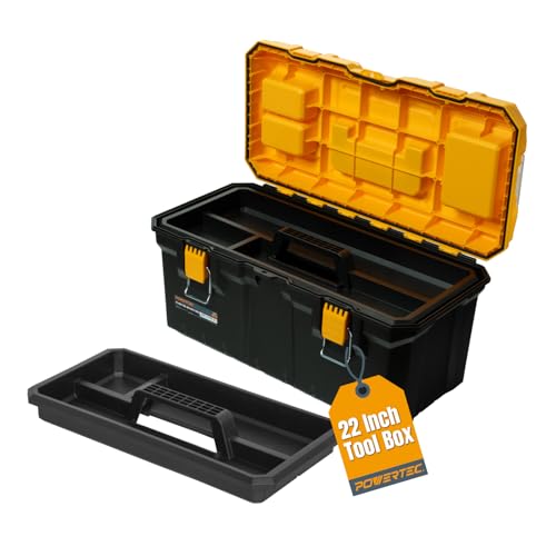 Image of POWERTEC 22-Inch Tool Box with Trays - Lockable, Metal Latch, Organizer, Portable Storage for Tools, Small or Mid-Sized Parts (72363)