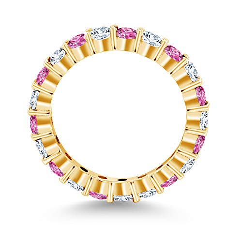 Gem Stone King 1.33 Cttw Round Pink Sapphire and White Created Sapphire 18K Yellow Gold Plated Silver Eternity Band Ring For Women | Round 3MM | Gemstone Birthstone | Available In Size 5, 6, 7, 8, 93