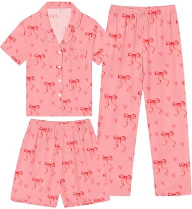 SWOMOG Kids Pajamas Sets 3PCS Short Sleeve Long Pants with Shorts Girls Boys Button Down PJS Cute Loungewear for 4T-15Years,