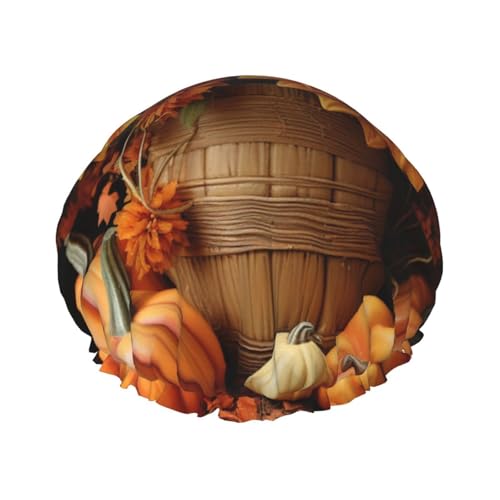 Pumpkin and Sunflower Shower Cap for Women Reusable Waterproof Shower Bonnet Washable Elastic Band Bath Hair Hat Double Layered Bath Cap Extra Large for Long Hair