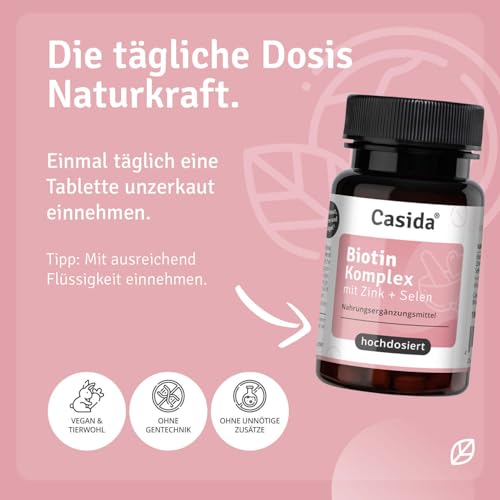 Casida Biotin Komplex hochdosiert 10.000 mcg Biotin + Selen + Zink für Haarwuchs, Haut & Nägel - 180 Tabletten vegan, ohne Zusatzstoffe