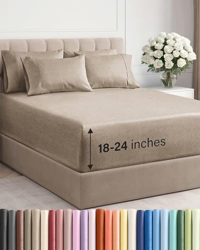 Image of Extra Deep Cal King Sheet Set - 6 Piece Cooling Sheets - Heathered Beige | Hotel Luxury Bed Sheets Set, Easy & Secure Fit, Ultra-Soft, Wrinkle & Fade Free, Comfy Sheets Set with Extra Deep Pockets