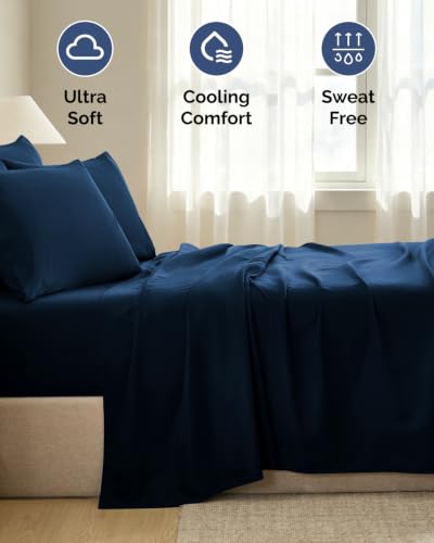Image of Full 6 Piece Bed Sheet Set - Comfy, Breathable & Cooling Sheets - Dark Blue