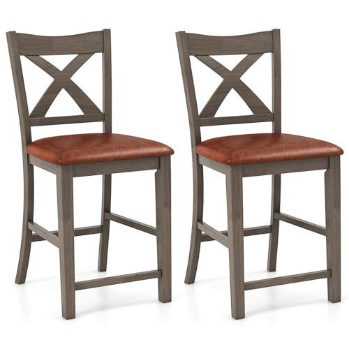 Giantex-24-Bar-Stools-Set-of-2-Counter-Height-Bar-Stools-with-Cross-Back-Faux-Leather-Upholstered-Seat-Farmhouse-Wood-Kitchen-Island-Barstools-for-Home-Bar-Dining-Room-Gray-Brown Giantex 24 Bar Stools Set of 2 Counter Height Bar Stools with Cross Back Faux Leather Upholstered Seat Farmhouse Wood Kitchen Island Barstools for Home Bar Dining Room Gray Brown
