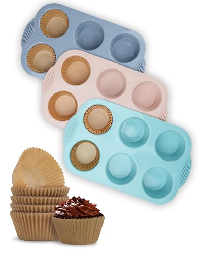 Bake Choice Silicon Muffin Pan-3-pack includes 100 Natural Cupcake Liners, 6-cavity Regular Size, BPA Free, Egg Bite & Muffin Molds for Baking