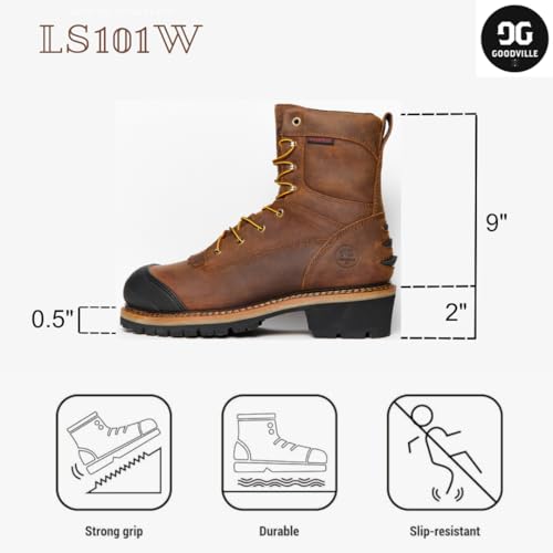 GOODVILLE Men's Catskill-Series 9" Composite Toe Waterproof Logger Work Boots for Men, ASTM-F2413 EH-Rated, Lace Up Industrial and Construstion Work Shoes with Oil and Slip Resistant Outsole, Durable, Quick Dry, Comfortable, Brown - LS101W4