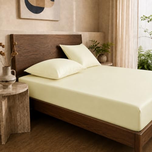 Image of HOMEMONDE 100% Bamboo King Size Fitted Bedsheet with 2 Pillow Covers | 300 TC Luxury Cooling Elastic Fitted Sheet | Ultra Soft, Breathable & Moisture Wicking | (Ivory, 78x72 Inches)