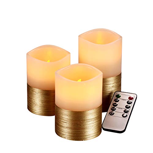 PAINISTIC qinxiang Flameless Candles Flickering LED Candles Set of 3 Ivory Real Wax Gold Trim Battery Operated Candles with 10-Key Remote and Cycling 24 Hours Timer,8541840865