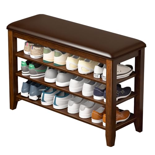 Shoe Rack Bench, 3 Tier Adjustable Shelves Rubberwood 31.5” | Shoe Bench with Storage,Removable Shelves for Shoes, Entryway,Hallway, Mudroom, Closet and Front Door Organization