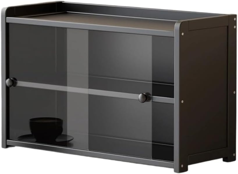 両開きのカウンタートップ収納キャビネット。ミニマルでモダンなデザイン。防塵性とお手入れのしやすさを兼ね備え コーヒーカップ ティーセット 調味料ボトルの収納に最適です。 (50*20*33cm,ブラック)