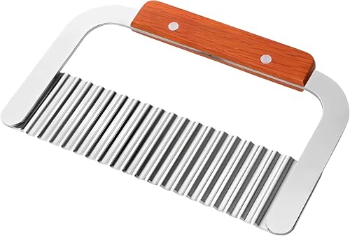 French Fry Slicer with Stainless Steel Blade and Wooden Handle, Vegetable Salad Chopping Knife for Veggies, Fruit, Potato, Soap, Waffle fries and Pickle, Crinkle Cutting Knife ﻿
