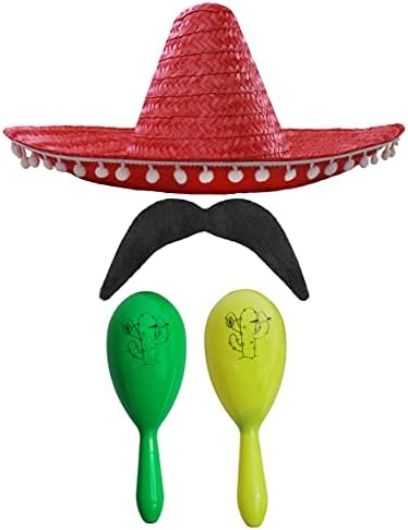 MEXICAN FANCY DRESS ACCESSORY SET - MEXICAN SOMBRERO WITH MARACAS AND TASH BLACK POM POM SOMBRERO + 2X GREEN MARACAS