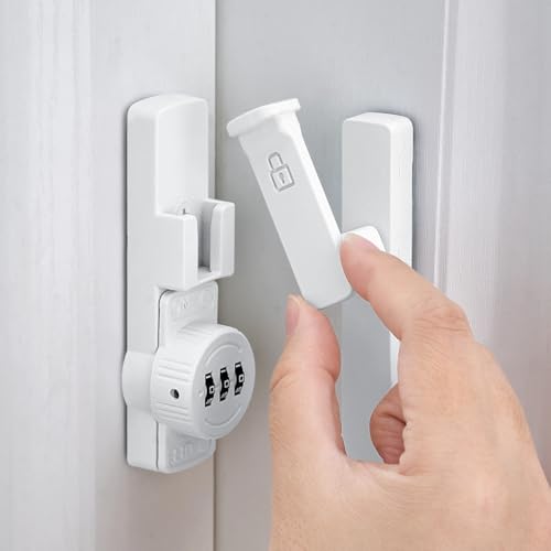 Image of INIRET 2 Packs White 90 Degree Barn Door Lock,Mechanical Password Lock,Flip Latch with Combination,3 Digit Password Keyless,Protect Privacy,for Cabinets,Windows,Garden,Bathroom,and Sliding Door