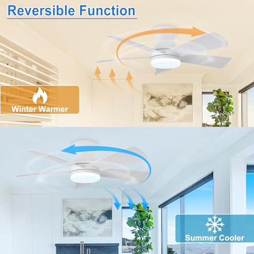 Image of Depuley White Ceiling Fans with Lights: 5 Blade Modern Flush Mount Low Profile Ceiling Fan for Bedroom Porch - 35 Inch Indoor Outdoor Ceiling Fan with Remote Control Dimmable Quiet Timer - 2 Packs
