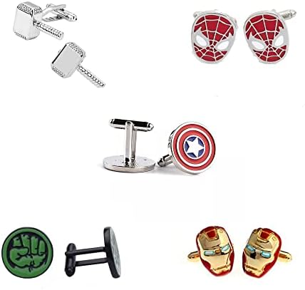 Superhero Cufflinks Wedding/Birthday Set of 5: Iron Man Spiderman Captain America Thor Hulk Marvel Collection