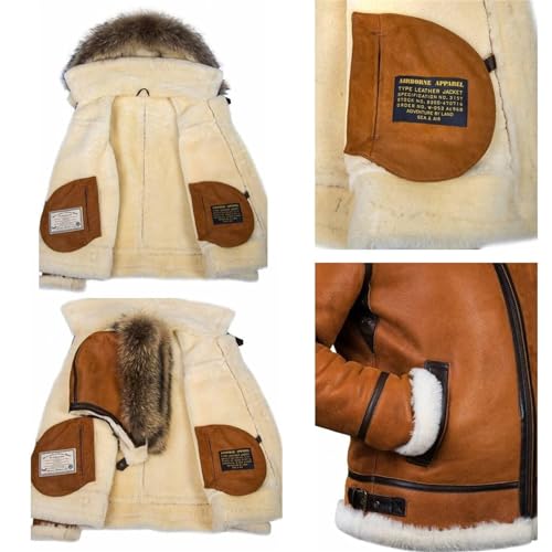 Mens Faux Suede Shearling Leather Coat Zipper Fur Hooded Sherpa Lined Brown Winter Thicken Warm Jacket Outwear Pocket4